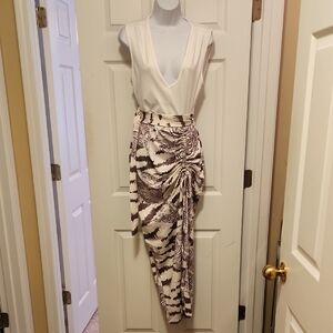 Elegant Cream and Brown Animal Patterned Women's Dress